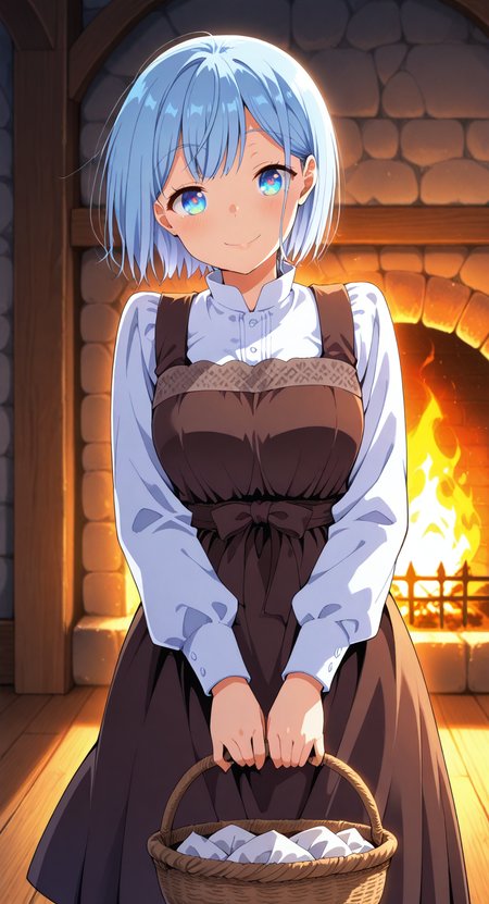 masterpiece, cute, lovely, (best quality:1.3), (amazing quality:1.3), high gradient eyes, very aesthetic, (1girl), (solo), flushed, (Aya_Style), close mouth, smile, Himari_Inuzuka, blue eyes, light blue hair, short hair, excited, BREAK, depth of field, detailed background, volumetric lighting, beautiful medieval housewife, curvy figure, wearing medieval housewife clothing, apron, rustic textures, detailed facial features, standing by a fireplace, cozy cabin interior, wooden beams, stone fireplace, glowing fire, soft lighting, dramatic shadows, high-quality shadows, glowing embers, warm tones, medieval atmosphere, intricate clothing details, earthy colors, relaxed pose, soft fabric textures, holding a basket, peaceful ambiance, vibrant colors, homely setting, rustic furniture, wooden table, glowing firelight, close-up view, highly detailed environment, soft lighting on face, gentle atmosphere, strong presence, warm ambiance, natural beauty, lively fire, rustic setting, high-quality background, medieval-era cabin, inviting pose, classic medieval vibes, soft wind blowing hair, cozy atmosphere, vibrant firelight, glowing lights, source_anime, cinematic lighting, detailed clothes, vivid colors, fine texture