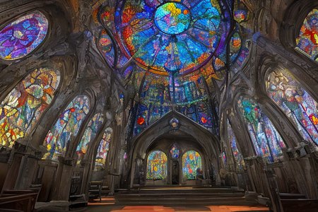 photo of a scary church with stain glass windows (intricate details:0.1), (complex shapes:0.1), vivid color, well lit, plain windows, visual cues, steel pipes on ceiling, couches, tables, chairs, rustic bar, (contrastive colors:1.4)