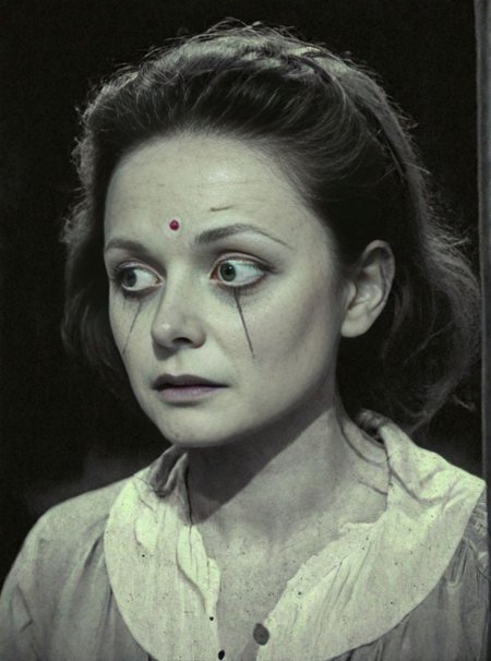 The moon sheds its skin -- <lora:127_novuschroma_a:1> Spooky Toons, <lora:kodachrome xl v1:1>  Woman looking worried  <lora:rebecca_ferguson_20:1>