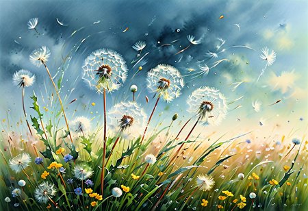 OIL ART, WATERCOLOR PAINTING IN SOFT COLOR TONES, LONG WIND SWEPT GRASS, WILD FLOWERS, GUSTY WIND. ULTRA REALISTIC  BEAUTIFUL DANDELION PUFFS FLOATING IN THE WIND, PERFECT LIGHT FROM BACK, SIMPLE BACKGROUND. SOFT COLOR TONES, OIL PAINTING ON CANVAS WIDE ASPECT RATIO, ElementWind