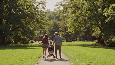 cinematic wide shot of a couple walking through a park with a stroller, taken from a distance. Warm natural light on a sunny day. High resolution. 1990s movie <lora:dark_cinematic-000080:1>