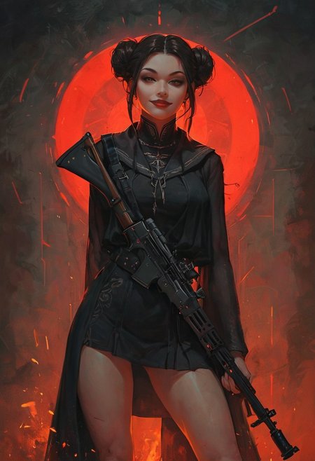 score_9, score_8_up, score_7_up, score_6_up, score_5_up, score_4_up,  1girl, white skin, brown small eyes, red lips, posing, legs apart, brown hair, 2 hairbuns on sides, long white toga, senator toga, slit robe, one thigh visible, holding up a rifle, rifle in both hands, background is dark futuristic hall with red dim lights, science fiction, beauty, perky smile, american shot,