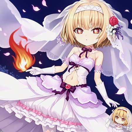 <lora:KSNvani_Pv1:0.8>, chibi,  <lora:NTLSIA_Pv1-000040:1>, ntlsia, 1girl, hairband, solo, fire, symbol-shaped pupils, magic, skrm costume, wedding dress, veil, white headband, gloves, navel, thighhighs, white legwear, waist ribbon