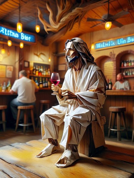 Full body illustration of ultra realistic very detailed Jesus Christ sitting in a dive bar drinking wine, he is wearing a white robes, sand dunes, vibrant colors, high resolution,
 <lora:TQ_-_Fairy_Tale_Origami_Paintings:1>,  <lora:MJ52:0.2>,  <lora:ral-orgmi:1>, ral-orgmi,
