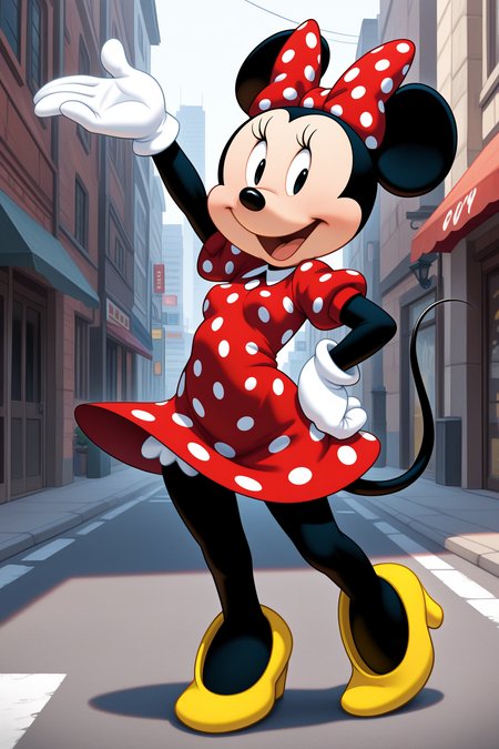 masterpiece, best quality, amazing quality, absurdres, minniemouse, mouse ears, mouse tail, black skin, white gloves, red dress, red bow, white gloves, polka dot dress, polka dot bow, yellow stiletto heels, solo, smile, open mouth, hand on hip, arm up, looking at viewer, small breasts, outdoors, street, city