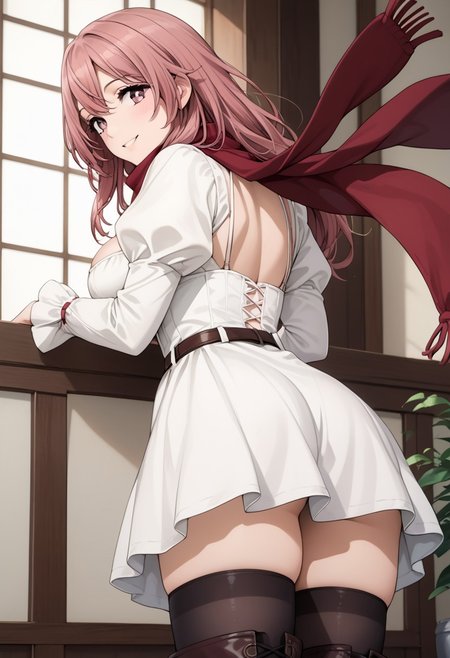 score_9, score_8_up, score_7_up, score_6_up, source_anime, 
detailed eyes, eye reflection,
shinju inui, long hair, pink hair, pink eyes, large breasts,
white dress, red scarf, cleavage, juliet sleeves, long sleeves, red underbust, belt, black thighhighs, boots,
1girl, blush, smile,
looking back at viewer,