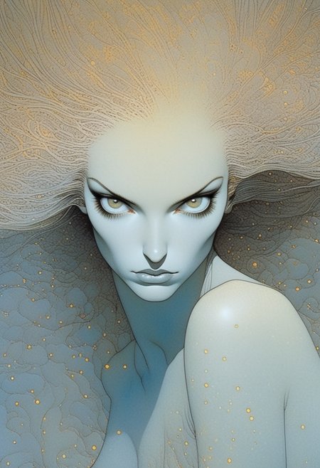 artwork  by Moebius (Jean Giraud) Style page, Artwork painting watercolor and pen, there is a woman with long hair, naoto hattori, mark brooks and brad kunkle, style of aesthetic, comic book artwork portrait of a young woman 20yo, she has a striking light gray eyes, long eyelashes and well-defined eyebrows, catchlights, portrait masterpiece, perfect beautiful face , (light freckles:0.3) , sparkling eyes, sad expression, intimate and engaging portrait with a sense of mystery, ethereal abstractions, background is minimalist, duo-toned color graded, finely detailed, beautiful cleavage, simmetry, high budget, sharp focus, intricate fractal details, analog drawing , <lora:MoebiousXL:1>,  <lora:OverallDetailXL:1> OverallDetailXL,  <lora:sdxl:1>