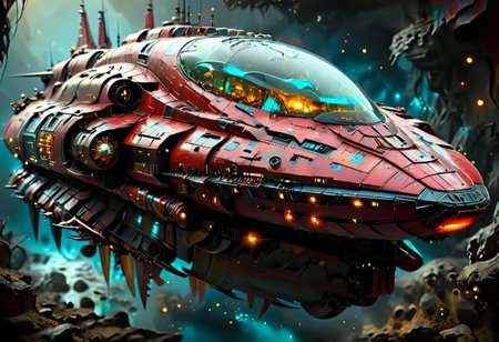 In outer space, a long shot of a Spaceship, by Moebius and H. R. Giger and Stefan Martiniere and Tomer Hanuka, (A giant bioluminescent futuristic spaceship, hyper detailed, award winning on artstation.com,(intricate details, masterpiece, best quality:1.4), wide angle view, dense fog, Different shades of red and gold and yellow, embellished with turquoise decoration, fractal art, in the style of nicola samori, Intense gaze, Bright... ,Model, expression, anthro, facial expression, Intense gaze, Anthro... woman, Genetically modified..., bioluminescent, glowing, spcrft