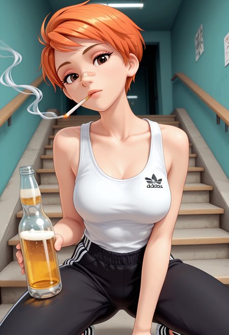 Graphic Design, color art, vibrant colors, colorful, intricate details, high contrast, detailed background, beautiful detailed, beautiful face, detailed eyes, detailed face, new, 1girl, solo, l3r4, short hair, orange hair, brown eyes, medium breasts, dynamic pose, perspective, tank top, sports pants, streetwear, adidas, smoking, holding beer bottle, squatting, landing, stairs, patch on nose, cowboy shot, head tilt, looking at viewer, (masterpiece, best quality, newest, recent, absurdres),