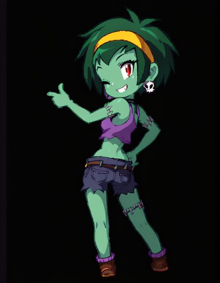 <lora:RottyTopsPony:1.0>RottyTops, solo, zombie, red eyes, skull earrings, one eye closed, shorts, looking back, stitches, yellow hairband, green skin, green hair, short hair, 1girl, midriff, smile, from behind, purple tank top, chibi, black background, hand on hip, full body, simple background, thumbs up, ass  score_9, score_8_up, score_7_up, score_6_up ,