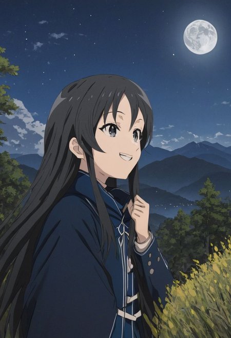 nanahoshi_shizuka, smiling, mountain scenery, nighttime, fireflies, full moon