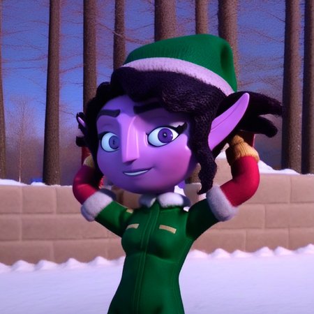 score_9, solo, cs_si, 1girl, black hair, hat, pointy ears, purple skin, elf suit, arms behind head, smile, looking at viewer, snow, tree