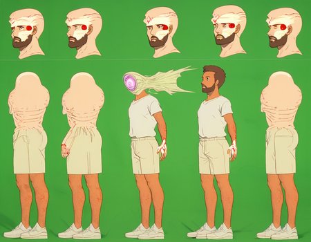 <lora:grumikeXL:1> <lora:tydmsxl:1> grumike style, gruesome anime art style, retro art style, male focus, tydms solo, 1man, low BEARD, BROWN HAIR, LOW SHAVED BEARD, 5 OCLOCK SHADOW, wearing white shirt, tan pants, white shoes, brown eyes, ON A FLAT GREEN BACKGROUND, WEARING A side, teleporting through an urban jungle, jumping over obstacles, agile and fast-paced, gritty city background, blood splatter, severed limb, teleportation effects<lora:Model_Sheet_Xl:0.3> character sheet, model sheet, turnaround, multiple views of the same character, character sheet, model sheet, turnaround, multiple views of the same character , multiple views of the same character,, head shots,, beard, (face blast:1)  inter dimensional powers,  portals opening up from hands, glowing hands, wark palsma shied around him