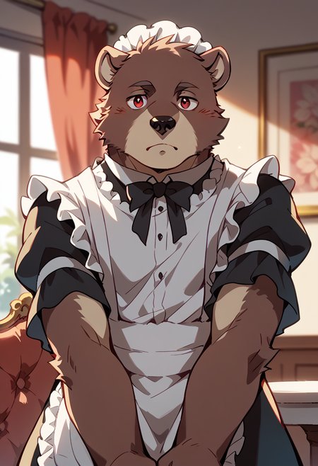 score_9, score_8_up, score_7_up, high quality, hires, by fruitz, furry, male, bear, solo, red eyes, maid dress, looking at viewer, blush, inside, <lora:Fruitz_style:1.2>