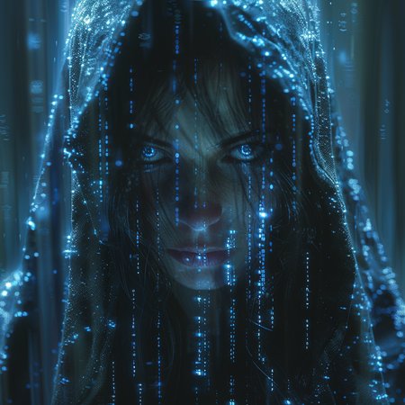 Create an image of a mysterious female figure wearing a milkway supercluster hoodie, with their face obscured by shadow, standing in front of a digital background of flowing blue code, similar to the 'Matrix' movie visualization. The code should appear to be written in the c programming language, with text elements like 'printf' and 'void man()'. The hoodie should have visible texture details such as folds and seams. The digital code should create a dynamic contrast of light and dark, with some areas appearing almost white and others much darker. The overall mood of the image should be dark and enigmatic.
