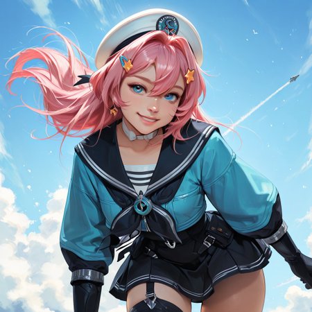 Portrait shot, close up, Expressiveh,
score_9, score_8_up, score_7_up, realistic, 1girl, 
zzNase, blue eyes, pink hair, long hair, hair between eyes, star hair ornament, hairclip,  white headwear, beret, sailor collar, boots, gloves, black skirt, blue jacket, single thighhigh, asymmetrical legwear,
open jacket, 
gold Accessoires, standing, medium breasts, ((sexy Pose)) naughty smile, looking at viewer, fit body, tiny waist, wide hips,