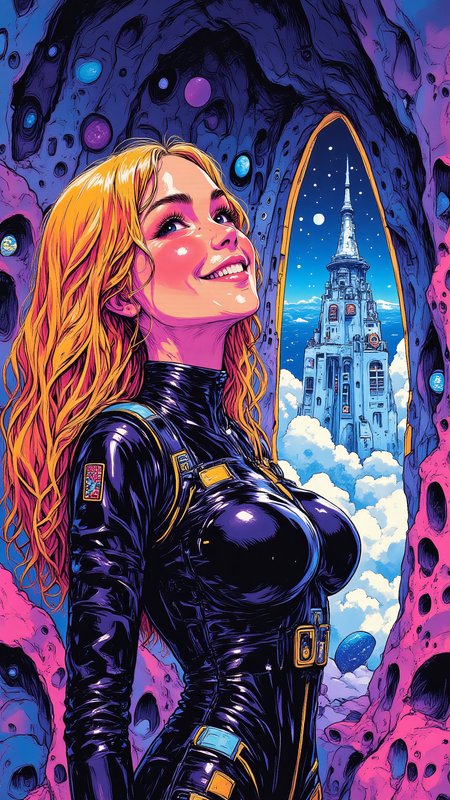 nime-style illustration of a joyful young woman with big, wavy blonde hair, captured in a side view as she leans forward eagerly. Her expression is bright and full of excitement, eyes wide with wonder. She wears a sleek sci-fi-inspired bodysuit with glowing seams, reflecting the neon-lit environment around her. Behind her, a long, narrow window slit reveals a vast cosmic cityscape, stars and distant planets shining beyond. Expressionist styleâbold, exaggerated brushstrokes, dynamic composition, high-energy movement. Colored pencil textureârich, layered hues, expressive shading, hand-drawn vibrancy, blending sketch-like energy with sci-fi surrealism <lora:ck-shadow-circuit-000021:0.8> <lora:flux-sm41l33-comic-v1:0.8> <lora:aidmaMJ6.1-FLUX-v0.5:0.6>