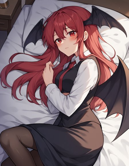 score_9, score_8_up, score_7_up, source_anime, <lora:koakuma-ponyxl-lora-nochekaiser:1>, koakuma, red eyes, red hair, long hair, sidelocks, medium breasts,, bat wings, black dress, black pantyhose, black skirt, black vest, dress, head wings, long sleeves, multiple wings, necktie, pantyhose, red necktie, shirt, skirt, vest, white shirt, wings,, indoors, bed, bed room, on side, blush, drunk,, , from above,, looking at viewer, solo,, dutch angle, cowboy shot