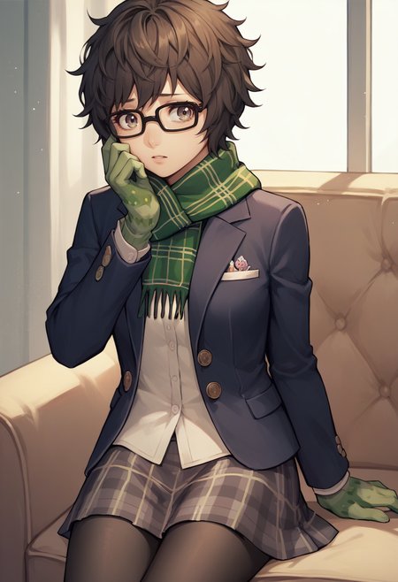 score_9, score_8_up, score_7_up, source_anime,  1girl, thigh up, parted lips, worried, hand to cheek, <lora:zs_MiyazuXL:1> miyazusmtv, short hair, messy hair, glasses, scarf, blazer, shirt, plaid skirt, black pantyhose, green gloves, indoors