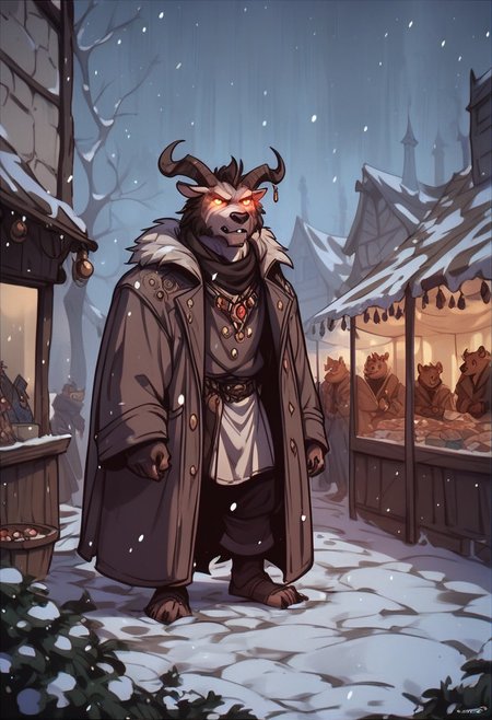 score_9, score_8_up, score_7_up, perfecteyes, anthro bear,  square,  market, glowing,  male 30-40 years old,winter,long coat, brutality, jewellery, snowfall, drifts,fantasy,Vintage,