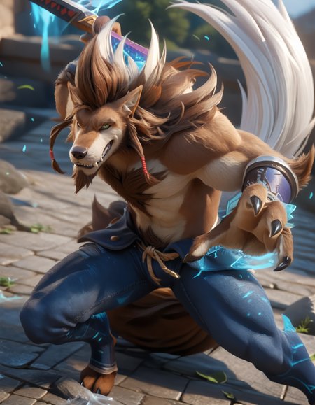 score_9, score_8_up, score_7_up, BREAK (anthro, furry:1.1), depth of field, cinematic lighting, masterpiece, (detailed hands:1.25), best quality, ultra realistic, 4k, 2k, film photography, RAW photo, photorealistic, analog style, subsurface scattering, photorealism, embedding:unaestheticXL_bp5, embedding:zPDXL,(best quality, high quality, 8K:1.5), <lora:add-detail-xl:2.5>, <lora:fix_hands.safetensors:2.0>, <lora:2.5DRealisticV2.safetensors:0.3>, <lora:sinfully_stylish_SDXL.safetensors:0.6>,  <lora:AdvancedEnhancerXLv2.safetensors:1.0>, (hi res), ((masterpiece)), ((best quality)), illustration, <lora:Ricardo_Welkin.safetensors:0.7>, Ricardo Welkin, canid, canine, canis, mammal, wolf, abs, anthro, beard, body hair, green eyes, bottomwear, brown body, brown fur, brown hair, chain, chest hair, clothed, clothing, facial hair, fangs, fur, hair, looking at viewer, male, melee weapon, pants, pecs, solo, sword, teeth, topless, weapon  (three-quarter portrait, side view, looking at viewer, hands on hips, atlantis midnight spark blizzard leaf, sitting head down:1.15)