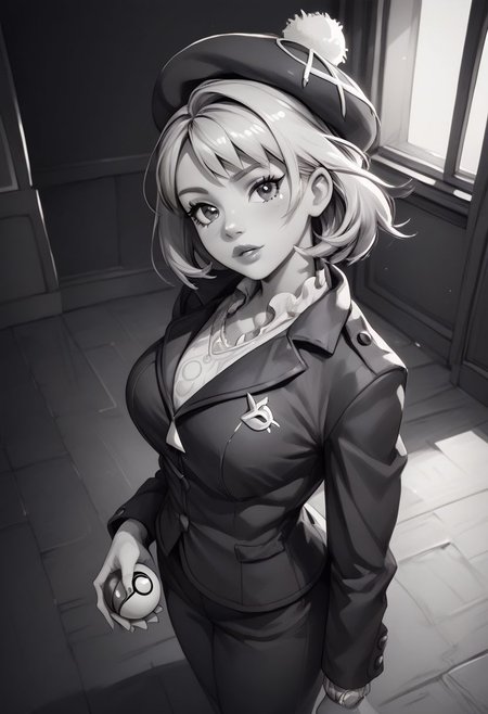 ( monochrome, grayscale,)
score_9, score_8_up, score_8, 1girl, (large breasts), 
pretty girl, indoors, 
 from above, 
BREAK, 
 gloria (pokemon), hat, looking at viewer, black jacket, formal, suit, black background, lips, curvy, head tilt, shiny clothes, holding pokeball,