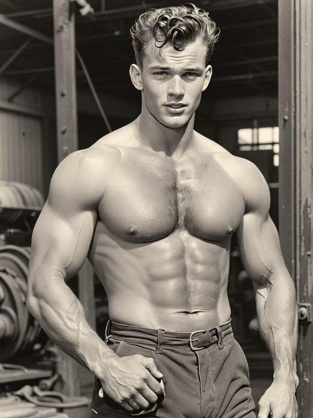 1950's candid photo of a brawny 25yo playboy, working, industrial, sweaty