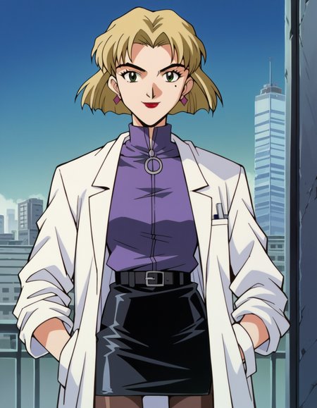 score_9, score_8_up, score_7_up, source_anime,
ritsukoakagi,  <lora:ritsuko-akagi-classic-ponyxl-lora-nochekaiser:1>,
ritsuko akagi, short hair, blonde hair, mole, mole under eye, parted bangs, green eyes,
lipstick, skirt, jewelry, pantyhose, earrings, belt, pencil skirt, labcoat, shirt, purple shirt, turtleneck, zipper,
cityscape, smile,
cowboy shot, looking at viewer, solo, dutch angle,