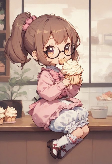 score_9, score_8_up, score_7_up, best quality, fine detail, 1girl, solo, cute, bloomers, chibi, eating cupcake, inside coffee shop, glasses, brown hair, from side