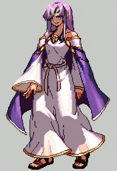 score_9, score_8_up, score_7_up, source_anime, BREAK, solo, 1girl, smile, looking at viewer, <lora:Julia-pdxl_Fp:1>, juliafe4, purple hair, purple eyes, long hair, circlet, white dress, bare shoulders, purple cape, ribbon, brooch, white sleeves, gladiator sandals,  <lora:KOF-XIII-Sprite-Style-pdxl_Fp:1>, simple background, full body, pixel art, closed mouth, standing,