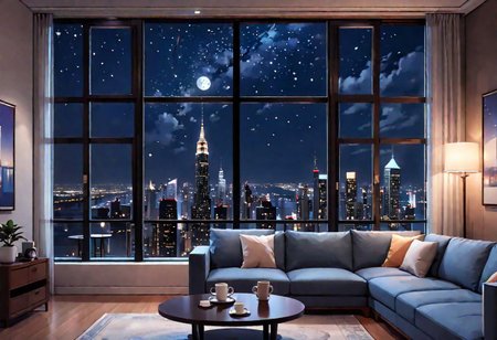 ((((front view)))), Shallow scene, ((animation style)), (((City high-rise building scenery))), ((((City scenery outside the window)))), ((sense of mystery)), (night), starry sky, moonlight, (weak warm light), (Facing the window), (open window), modern-style interior,  (sofa and coffee table by the window sill), Wooden floor, with white walls, (large windows), carpet, a living room, (((Sofa placed horizontally))), (Behind the sofa is the window sill),
