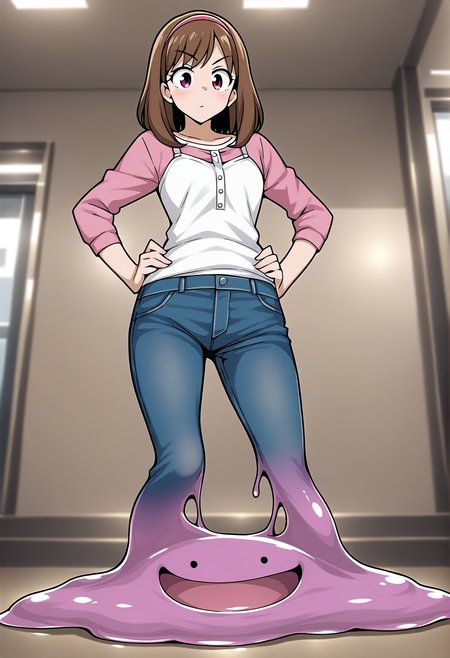 transformed ditto, slimification, melting, 
masterpiece, general,  
1girl, hands on own hips, casual
<lora:Illustrious_slimification_transformed-ditto_batch1_dim2_a1_epoc60_step5760_adjusted:1>