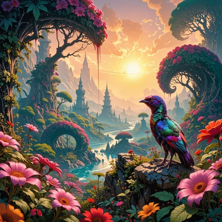 mesmerizing and phenomenal scenery on a distant world, a creature with at least four limbs, creature focus, movie poster style, very aesthetic, harmonising colors, golden ratio, extremely detailed, 8k, 4k, ultra-high-resolution, award-winning macro photo, short depth of field, hyperrealistic, high-resolution, dim lighting, at night, subsurface scattering, the miniature "brittle olvmoggler" is a feathered creature that inhabits the dense, spiraling winklethickets of the intricate world "flarnberry i." its vibrant, tri-colored plumage features microscopic crystals that catch the planets teal-hued sunlight, creating a dazzling, prismatic display. the creatures are known for their habit of plertzing as they drink from the burglybonked dripping nectar globules of the ethereal wrinkleflowers. the biome itself is a lush, chaotic sprawl of coiling vegetation that twists and loops in gravity-defying spirals, sunset orange and teal and lavender and light beige and anthrazit grey and bordeaux red, ovg, style of rembrandt, <lora:style-oil_painting-flux-by_leporello:0.52> <lora:style-rembrandt-flux-by_tangbohu:0.6> <lora:style-fantastic_landscapes-flux-by_artifyai:0.56>