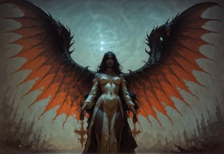 score_9, score_8_up, score_7_up,  woman, black skin, intricate, gold trim, fringe, wings, otherworldly, ceremonial outfit, Crystaline Peaks, snake, vibrant, high contrast, (atmospheric perspective:1.4)  <lora:sdxl/pony_freckledvixon_gothic_oil_style:0.7> d4rk01l <lora:sdxl/pony_summer_days_style:0.5>