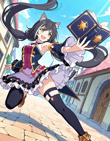 (karyl (priconne),streaked hair,multicolored hair,black hair,white hair,very long hair,low twintails,bangs,purple bow,green eyes,fang,cat girl,animal ear fluff,cat ears,cat tail,sleeveless shirt,long wide frilled detached sleeves,bare shoulder,purple frilled skirt,black thighhighs,holding open book,smile,1girl),cobblestone streets in a medieval town,medieval castle,day,
(dynamic pose,dynamic angle,foreshortening:2),
looking at viewer,
medium breasts,
perky breasts,realistic proportions,natural looking breasts,explicit,hair between eyes,strong outlines,clean lineart,harsh lines,slim,curvy,(narrow waist:0.1), wide hips,thick thighs,detailed body,skindentation,matte skin,smooth skin,deep skin,soft brightness,detailed mouth,kawaii,moe face,
(anime screencap),(anime coloring:1.2),anime style, Japanese anime, cel-shading, clean lineart, vibrant colors, sharp facial features, 2D illustration, anime screencap style,anime background scenery,detailed linework,intricate details,(masterpiece,best quality,amazing quality),IllusP0s,(very aesthetic,absurdres:1.2),16k,highres,perfect hands,five fingers,detailed hands,
 <lora:ããªã³ã»ã¹ã³ãã¯ãReDiveã­ã£ã«illustriousPrincess_Connect_ReDivekarylillustrious:1:0.8>