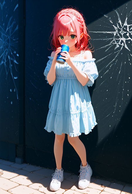 ((((zuppu11)))), solo, score_9, score_8_up, score_7_up, looking at viewer, zPDXL3, detailed eyes, blushing, Expressiveh, drinking, hydrate, holding, holding can, (((full body, 1girl))), detailed background, modern street background