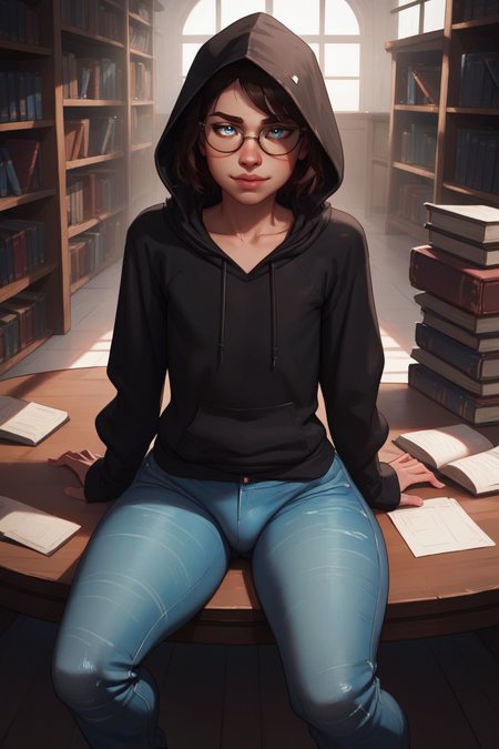score_9, score_8_up, score_7_up,   <lora:princess_xl_v2:0.7>, <lora:arcan3styl3v1PonySDXL:0.5> arcan3styl3v1,<lora:Concept Art Twilight Style SDXL_LoRA_Pony Diffusion V6 XL:0.5>,<lora:mfcgXL:0.25>, <lora:officialpit_style_v11:0.4>, source_cartoon,
tall slender 20yo adult guy, (brunette:1.5), messy medium short hair, looking at viewer, (flat chest),  (tiny bulge:1.2), (hips:1.2), (small_eyewear:1.3)
(baggy long (black_hoodie:1.4), loose jeans:1.2), (sitting at a library study table:1.4),
 (mid shot:1.3),