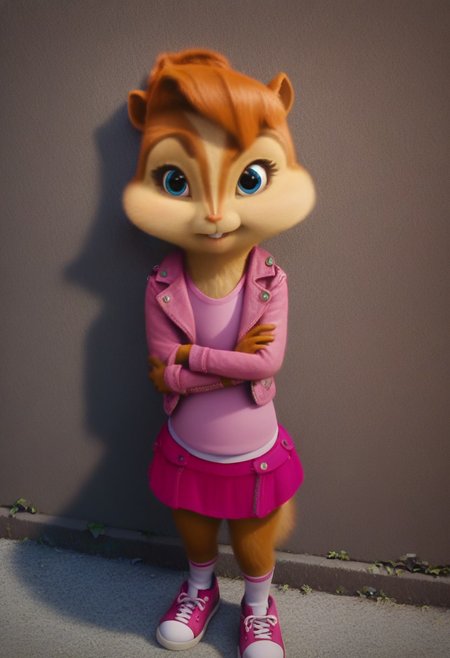 score_9, score_8_up, score_7, score_6, detailed background, town, streets, trees, brittany miller, chipmunk, furry, short ears, jean jacket, pink shirt, pink mini skirt, socks, sneakers, standing, leaning against wall, crossed arms, looking at viewer, smiles, 6 inches tall