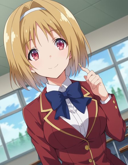 score_9, score_8_up, score_7_up, source_anime,
kikyoukushida, <lora:kikyou-kushida-s2-ponyxl-lora-nochekaiser:1>,
kikyou kushida, short hair, blonde hair, red eyes, hairband, hair intakes,
shirt, long sleeves, bow, school uniform, jacket, white shirt, bowtie, blue bow, blazer, red blazer,
indoors, classroom, smile,
looking at viewer, dutch angle, cowboy shot,