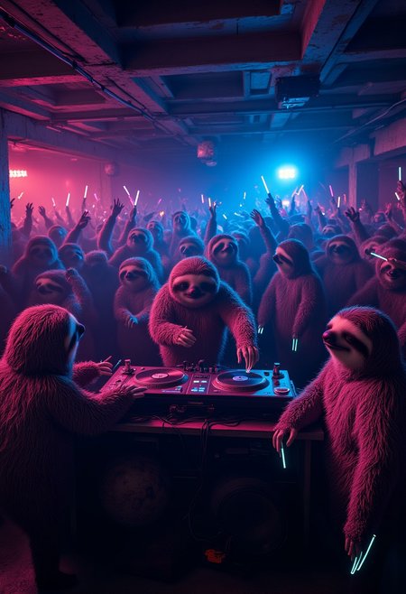 aidmamj6.1, a high quality digital image of an illegal sloth rave in a derelict warehouse, dozens of happy sloths are dancing, some of the sloths are holding glow sticks in their sloth claws and while the image is dark it is illuminated in several areas by glow sticks and lasers
In the center of the image is a sloth DJ standing in a small DJ booth, he's working the turntables with his sloth claws