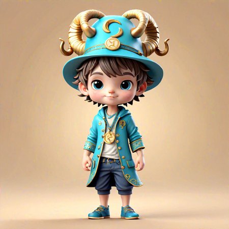 IP image of a cute boy with Zodiac sign Capricorn elements, hat with sea goat, full body, stylish clothes, technological elements, intricate details, blind box toy, model, fine gloss, 3d rending, best quality, front view, 8k, HD, soft  color
