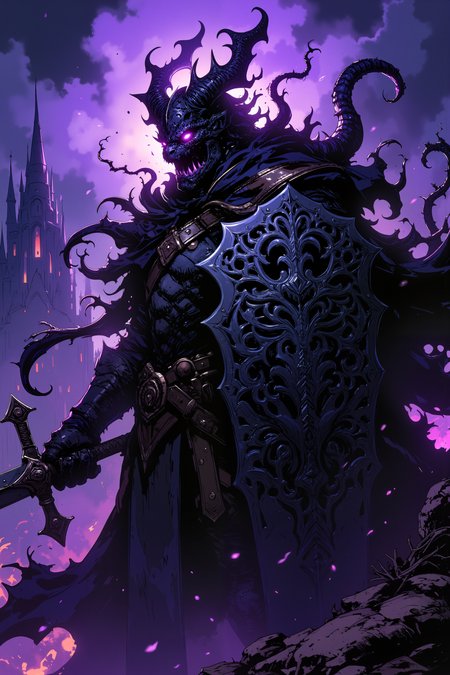 A shadow dragon knight moves like liquid darkness, his armor drinking in light from the world around him. His sword 'Twilight's Edge' cuts through both flesh and shadow, leaving wounds in reality itself. Tendrils of living darkness writhe around him like curious serpents. His helm is shaped like a dragon's head with horns of shadowsteel that bend light around them, its eyes glowing with purple flame. His armor bears the crest of the Nightfall Dynasty - a dragon swallowing its own shadow - worked in black diamonds and void-touched silver. His tower shield ripples like a dark pool, decorated with a tree formed of intertwined serpents whose eyes glow with the same purple fire as his helm. A city of shadows stretches behind him, its spires built from solidified darkness.  Fantastic lighting. Detailed shadows.intricate details, vivid colors, hyper-detailed, ultra-sharp<lora:Ev_Ganin:0.4><lora:Vintage comic book:0.4><lora:RetroAnimeFluxV1:0.15><lora:Greg_Capullo_style:0.4><lora:jeanClaude_Mzires_Style_FLUX-000001:0.4><lora:Flux_Ink_Anime:0.4>