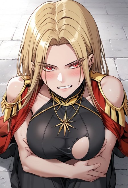 score_9, score_8_up, score_7_up, score_6_up,  source_anime, rating_explicit, 1girl, breasts, skirt, thighhighs, solo,1girl, breasts, Victoria,1girl,  mature female, (huge breasts:1.3),(military uniform:1.3), red coat, black thighhighs, gloves, red skirtred_cape, blonde_hair, solo, long_hair, cape, dress, clenched_teeth, small_head, yellow_eyes, glaring, looking_at_viewer, angry, stone_floor, teeth, kneeling, (black_dress:1.5), barefoot,sweat, scowl, parted_bangs, thighs, bare_legs, bangs, sitting, v-shaped_eyebrows, blush, japanese animation, absurdres, toned, black_hair_tie, high contrast, aesthetic, toned, vivid color, muscular, (wide_shoulders:1.2), wide hips, 2d, thighs, beautiful, sexy, cute_face,open_mouth,bangs, (thick_thighs:1.2), (huge_hips:1.2), (large shoulders:1.2), finely detailed beautiful eyes, finely detailed face,delicate facial features, (tall:1.4), small head,  beautiful eyes and detailed face,toned,(healthy_body:1.2), (best quality, high quality, masterpiece, hyper detail, detailed face,detailed_eyes,detailed_pupils:1.3), collarbone, (detailed_eyes:1.5) ,(masterpiece:1.7),(high quality:1.7), same_eyes,same_pupils,(clear:1.5), detailed_eyes, collarbone, bangs, detailed_eyes, black_clothes, detailed_arms, amazing quality, (large_shoulders:1.4), wariza, (torn_clothes:1.5), upper body, covered_shoulders, muscle, broken floor, detailed_hands,taut_clothes,epaulettes, crossed arms,hands on own breasts,tattered clothes