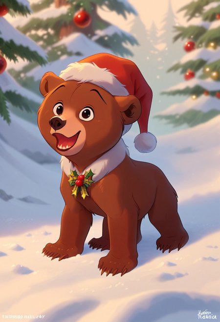score_9, score_8_up, score_7_up, masterpiece, best quality, magical landscape with enchanted elements, fantasy art style, Christmas theme, intricate details, ultra sharp, exquisite detail, flawless composition, vivid colors, masterpiece, exciting background, Christmas tree, Christmas,winter forest, BeverlySF, detailed fur, santa hat, christmas critters, Koda, Brother bear, cute