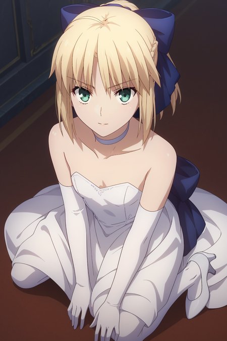 score_9, score_8_up, score_7_up, score_6_up, score_5_up, score_4_up, BREAK, <lora:Artoria-000004:.7>, 1girl, Artoria Pendragon, saber, blonde hair, green eyes, hair bow, white dress, white elbow gloves, bow, white high heels, white thighighs, choker, dress bow, kneeling, from above, looking at viewer