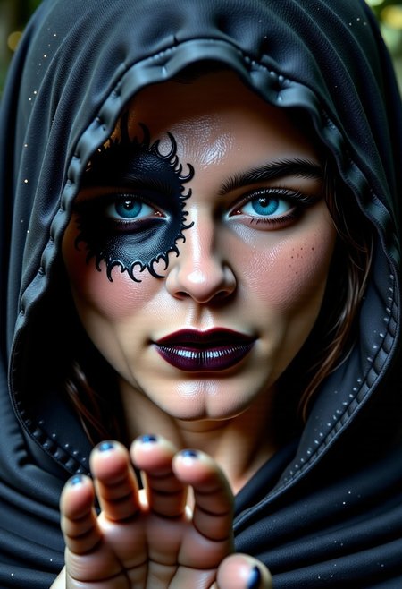 A close up image presents a striking character in dark attire, draped in a hood that casts shadows over their face. Their piercing gaze is almost hypnotic, blending a sense of mystery and intensity. The most attention-grabbing feature is the face which appears to be surrounded by intricate, organic designs that evoke a sense of the mystical or supernatural. The hand is held out to the camera obscuring half the face behind. 
The color palette is predominantly monochromatic with shades of black, gray, and subtle hints of white, adding an air of foreboding. The character's skin has a pale, eerie quality that contrasts sharply with the dark elements, giving them an otherworldly appearance. The textures in the fabric and the smoothness of the eye create a tactile complexity, inviting closer inspection.
Symbolically, the eye can represent perception, awareness, or insight, hinting at themes related to foresight or the ability to see beyond the physical realm. This combination of visual elements serves to create a narrative that fuses fantasy and perhaps gothic motifs, provoking thought about power, knowledge, and the unseen forces at play in the universe., busty, milf, blue eyes