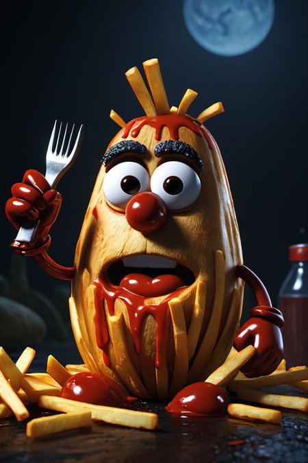Horror-themed mr potato head eating french fries with ketchup,cinematic still frame,35mm,8K,thorough,fries in mouth,ketchup,, glow effects, godrays, Hand drawn, render, 8k, octane render, cinema 4d, blender, dark, atmospheric 4k ultra detailed, cinematic, Sharp focus, big depth of field, Masterpiece, colors, 3d octane render, 4k, concept art, trending on artstation, hyperrealistic, Vivid colors, extremely detailed CG unity 8k wallpaper, trending on CGSociety, Intricate, High Detail, dramatic . Eerie, unsettling, dark, spooky, suspenseful, grim, highly detailed
