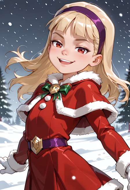 score_7, score_7_up, score_9, score_9_up, BREAK, DC__Young_Justice_Child, 1girl, blond hair, red eyes, purple hairband, , smug smile,  arched back, cowboy shot, solo, child <lora:justice_girl_childILL:1>, (portrai shot, upper body), happy, looking at viewer, upper teeth, looking at viewer,  christmas, fur trim, red capelet, red dress, fur-trimmed dress, long sleeves, white gloves, snowing, outdoors