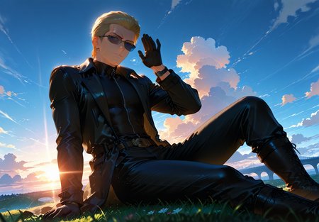 IllusP0s, PonyScores7, source_anime, ah1, IllustriousQual, interesting, exciting, spectacular, wonderful, amazing quality, absolutely eye-catching,  
BREAK <lora:xl_more_art-full_v1:0.2>, <lora:aesthetic_anime_v1s:0.2>, <lora:EpicF4nta5yXL:0.2>, <lora:detailxl:0.2>, detailxl, <lora:Fant5yP0ny:0.2>, amazing quality, best aesthetic, absurdres, illustration, Volumetric_Lighting, ultra-detailed, very aesthetic, intricate details, best_quality, lazympos, <lora:Add_Details_v1.2:0.2>, <lora:quality_modifiers_masterpieces_v1:0.2>, <lora:ZootPonyAnime_V1_r2:0.2>, <lora:Bestifacator2:0.2>, anime style,
BREAK ((lying on the side in a secluded garden, the scent of blooming flowers surrounding you, as your partner's lips brush against your ear, whispering sweet temptations)),
BREAK Stable_Yogis_PDXL_Positives, AS-Adult, <lora:Complicated fantasy portrait - XL Pony V2.0:0.2>, <lora:HDA_Detailer:0.3>, AS-MidAged, ((Ground level, medium distance from viewer, focus on feet)),
BREAK (((<lora:albertwesker-guy-PONYv1:0.8>, albertwesker, 1boy, toned, athletic, fit, mature male))), <lora:shinyskin2:0.2>, glistening skin, <lora:perfection style:0.2>, perfection style, perfection, 
BREAK ((black gloves, watch, belt, black coat, black pants, black turtleneck, zipper, black boots)), ((sunglasses:1.3)), 
BREAK ((slicked back hair, (short hair:1.7), blonde)), <lora:hairdetailpxl:0.2>, hairdetailpxl, 
BREAK ((angular face, sharp_featured face, handsome, charming, alluring)), blue eyes, expressive eyes, <lora:perfect-eyes:0.4>, perfecteyes, EyesHD, <lora:DetailedEyes_xl_bdsqlsz_V1:0.2>, <lora:Eyes_Lora_Pony_Perfect_eyes:0.2>, <lora:focusoneyes:0.2>, <lora:cinematic eye color style illustrious v1:0.2>, <lora:Eyes_High_Definition:0.2>, EyesHD,
BREAK ((focused, intense glare, apathetic, contemptuous)), <lora:Expressive_H:0.2>, Expressiveh, <lora:Emotional_Anime_Expressions_PonyXL_Concept:0.2>, emotional, <lora:Best_Facial_Expression_LoRA_PONY:0.2>, looking at viewer, <lora:Detailed expressive EXEV style -XL Pony V1.0:0.2>, FaceDetail,
BREAK (((<lora:Dream_Lounge_IL:0.6>, Dream Lounge, Dream Sky backgrounds, Sunset, Clouds, riverside, outdoors, grass, bridge))), <lora:Background Detailer - SDXL:0.2>, 4k, 8k, Ultra HD, Masterpiece, Best quality, Detailed background, <lora:Add_more_details_V2_XLpony:0.2> full_details, <lora:background-type1:0.2>, <lora:AddMicroDetails_Illustrious:0.2>, addmicrodetails, SmoothNoob_Quality,