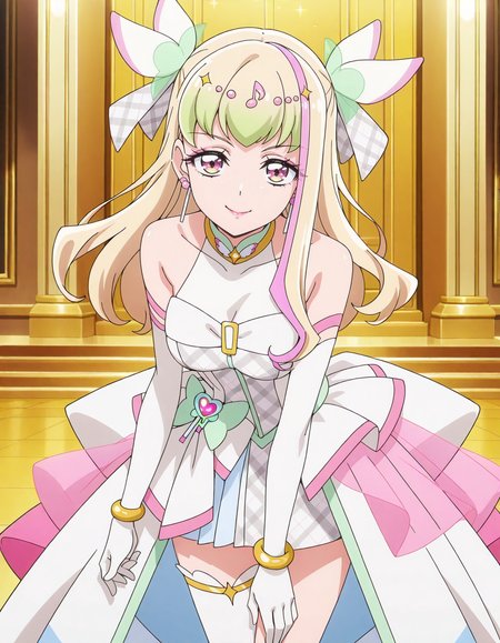 anime screencap, solo,1girl, curezukyoon, solo, gloves,elbow gloves, jewelry, idol, dress, thighhighs,  earrings, musical note, bow, white gloves, smile, looking at viewer, bracelet, hair ornament, bare shoulders,  single thighhigh,  makeup, magical girl,large breasts,<lora:curezukyoon_IL:0.8>
high definition,amazing quality,best quality,very aesthetic,masterpiece,absurdres,